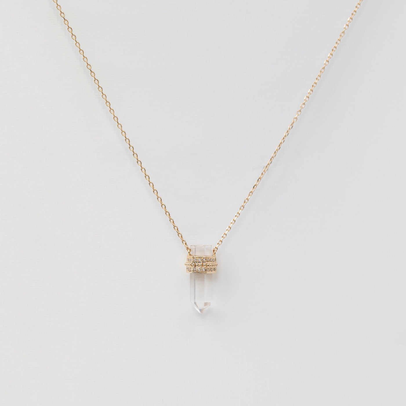 celine daoust one of a kind 14k yellow gold clear quartz pencil with white diamond necklace