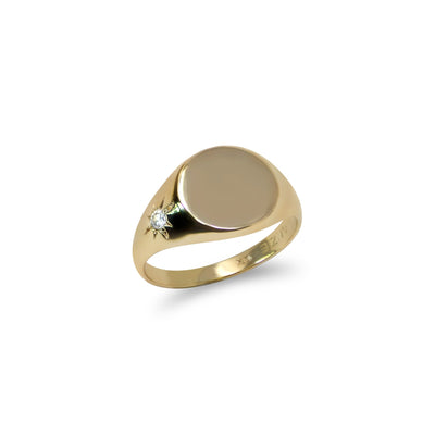 anzie 14k yellow gold signet pinky ring, engravable with white diamond