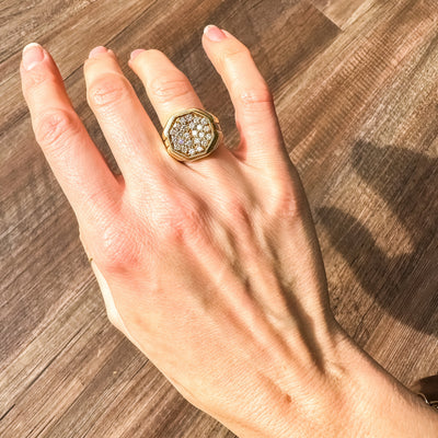 vintage 14k yellow gold white diamond octagon cluster signet ring unisex fluted band