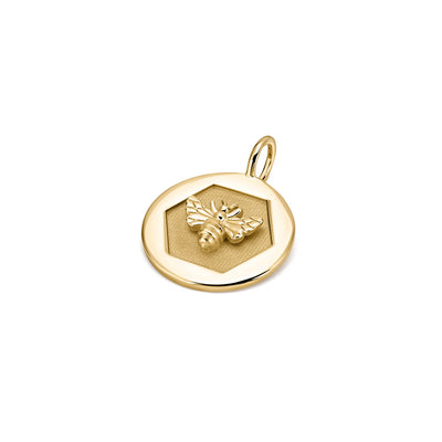 14k yellow gold round disc charm pendant bee abundance kate collins empowering jewelry 