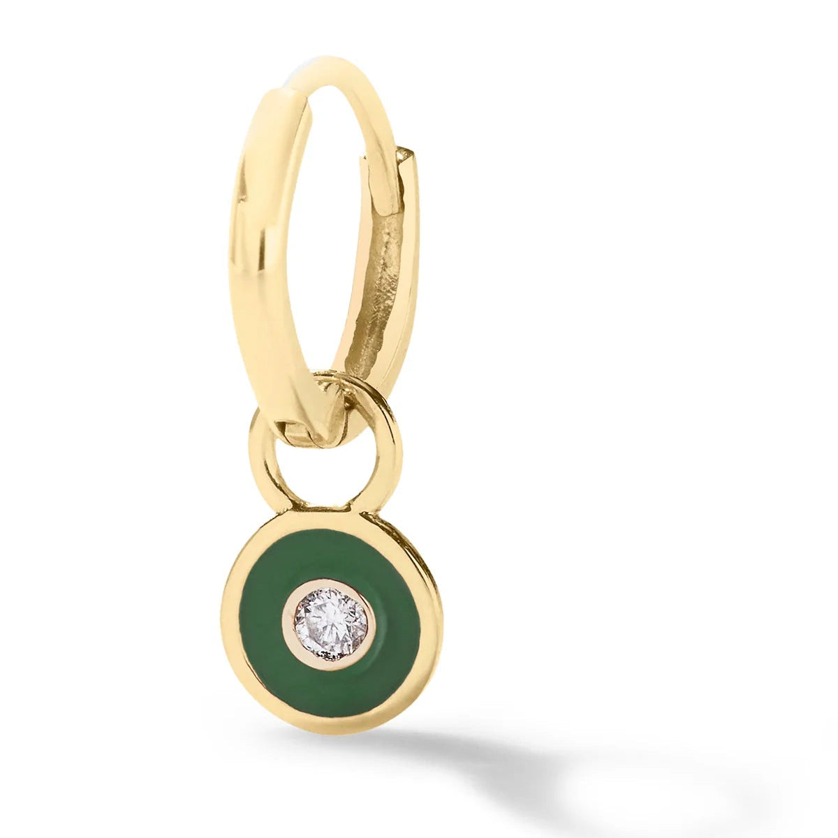 alison lou 14k yellow gold huggie with army green enamel diamond bezel