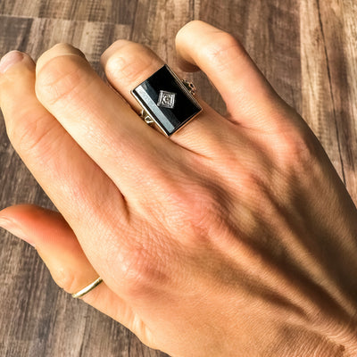 10k gold black onyx and white diamond ring, vintage