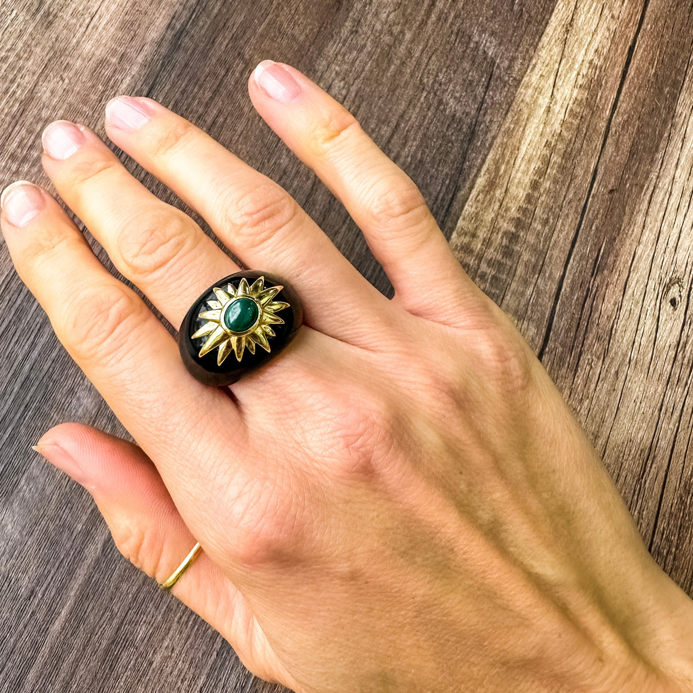 ESTATE Black Onyx and Malachite Gold Ring