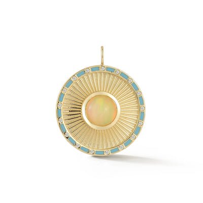 14k yellow gold charm diamonds blue enamel cabochon opal clarity ribbed pendant