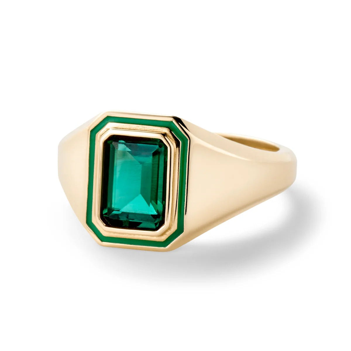 alison lou rectangle lab grown emerald 14k gold signet ring with green enamel