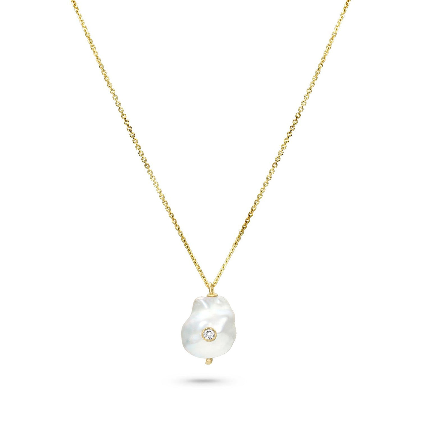 white space 14k yellow gold white baroque pearl with white diamond pendant necklace