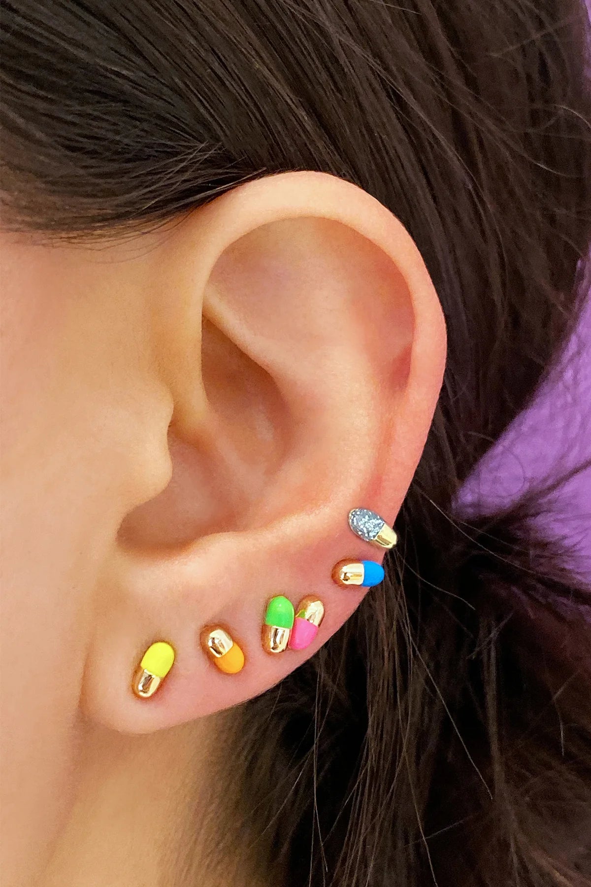 alison lou 14k yellow gold silver glitter enamel pill stud earring