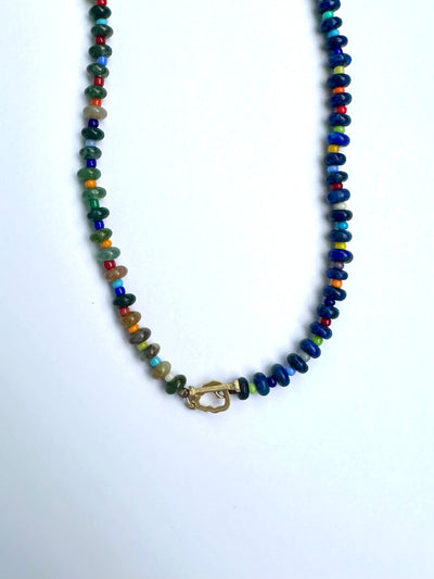 luis morais multicolored beaded 16" necklace 14k gold skull toggle clasp with collared cabochon tigers eye and balance symbole