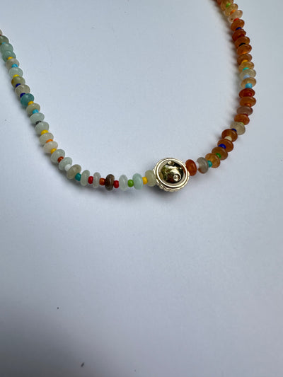 luis morais multicolored beaded 16" necklace 14k gold skull toggle clasp with collared cabochon tigers eye and balance symbole