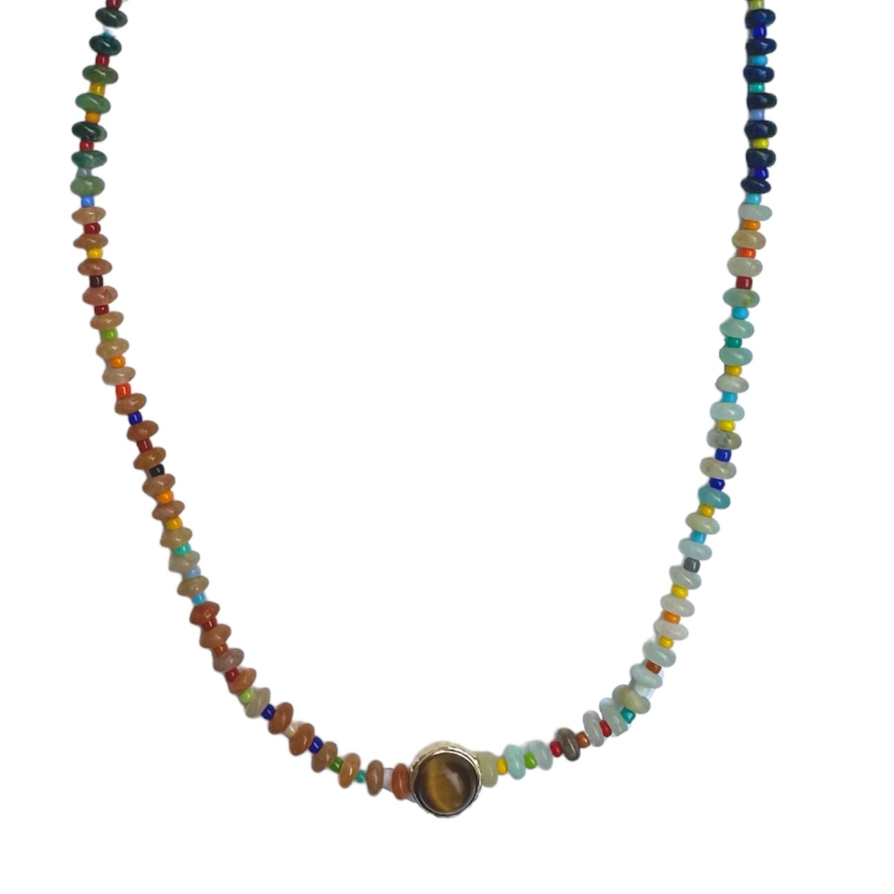 luis morais multicolored beaded 16" necklace 14k gold skull toggle clasp with collared cabochon tigers eye and balance symbole