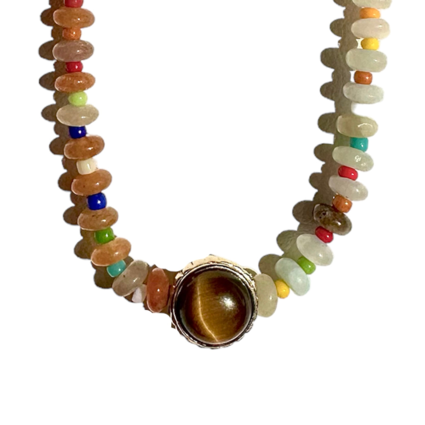 Gold Collared Tigers Eye and Multicolored Stone Beaded Necklace