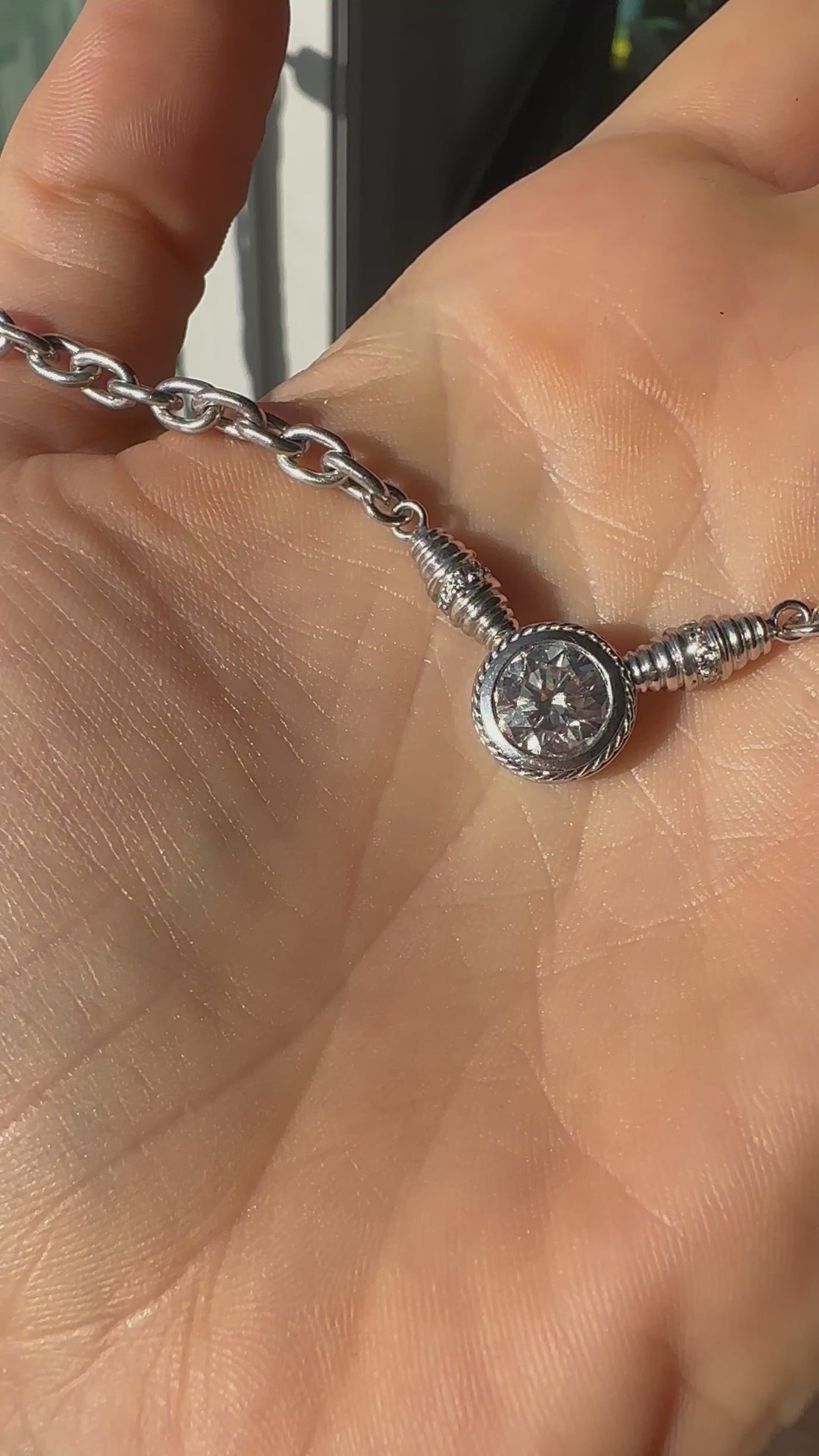 estate 18k white gold thick heavy cable chain with 2 carat round white diamond in bezel setting